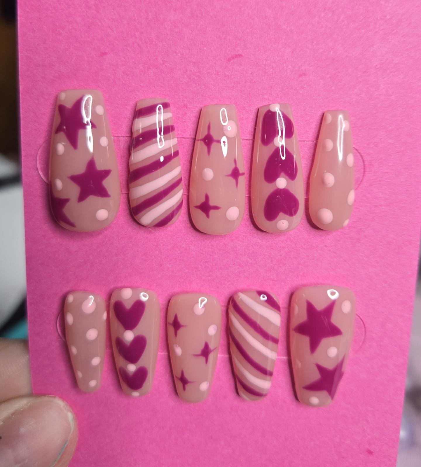 Pink and magenta stars and hearts nails custom made