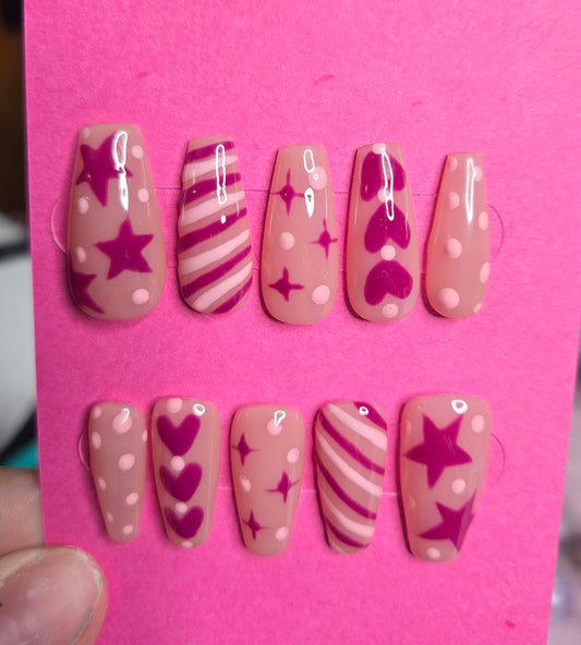 Pink and magenta stars and hearts nails custom made
