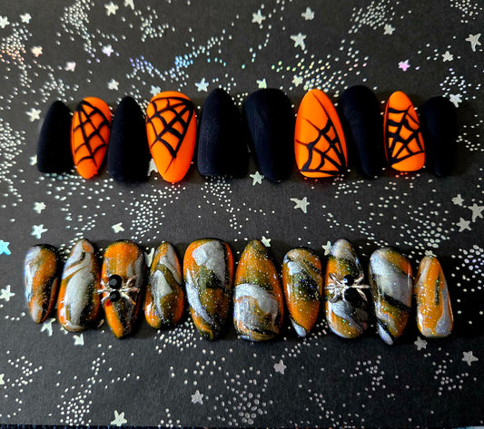 Halloween orange and black marble spiderweb nails custom made