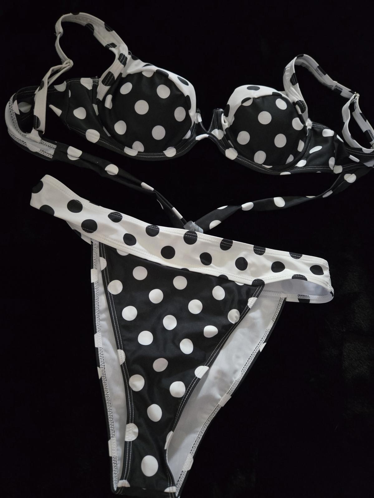 3 piece polka dot bikini and cover up skirt swimsuit set