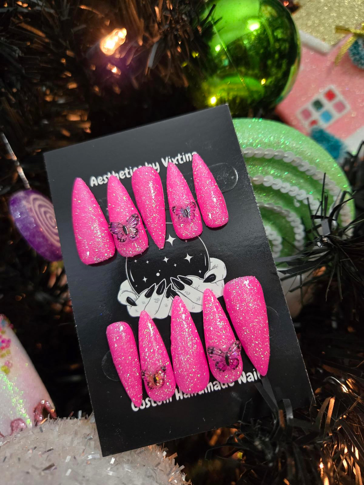 Pink glittery press on nails custom made