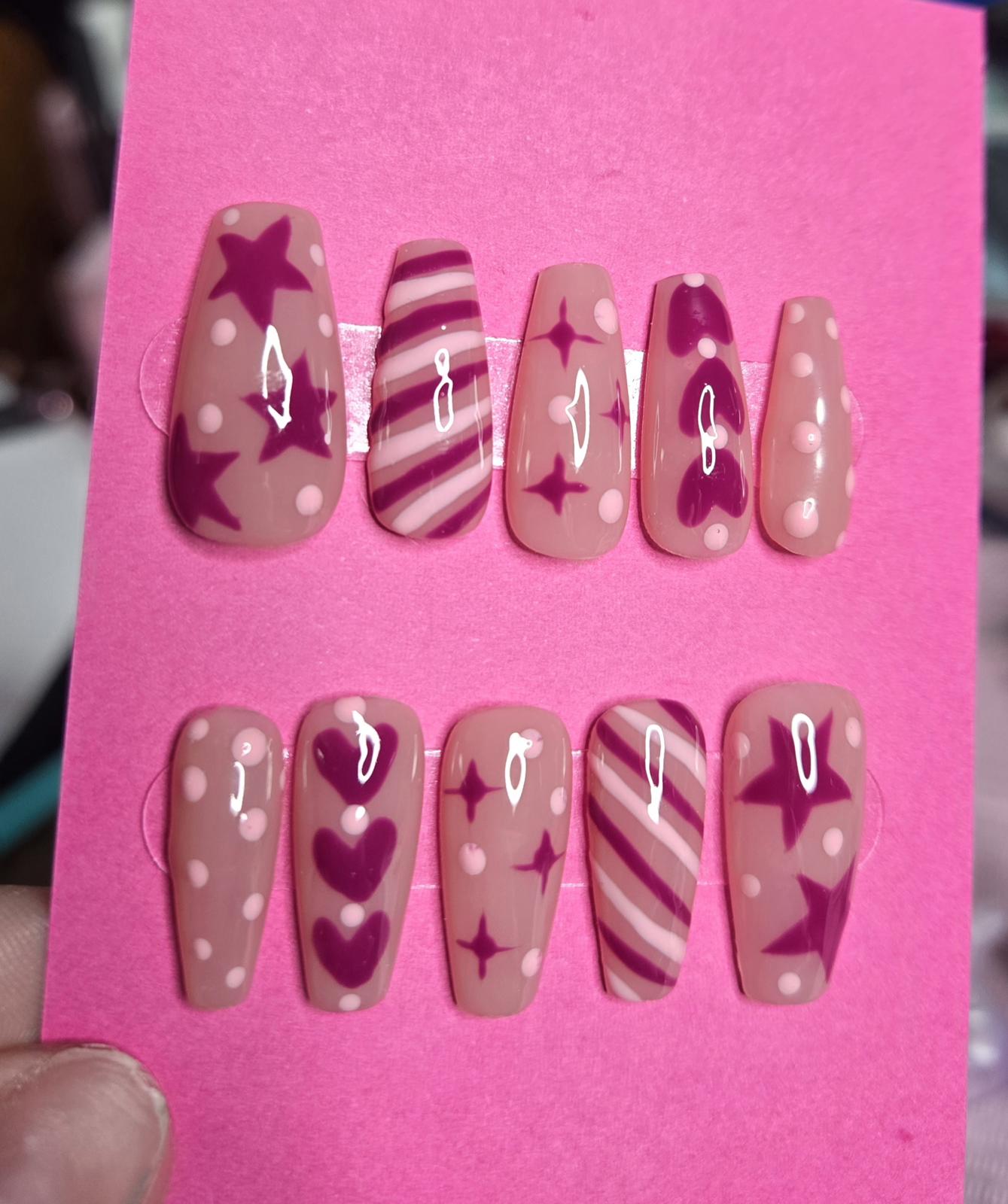 Pink and magenta stars and hearts nails custom made