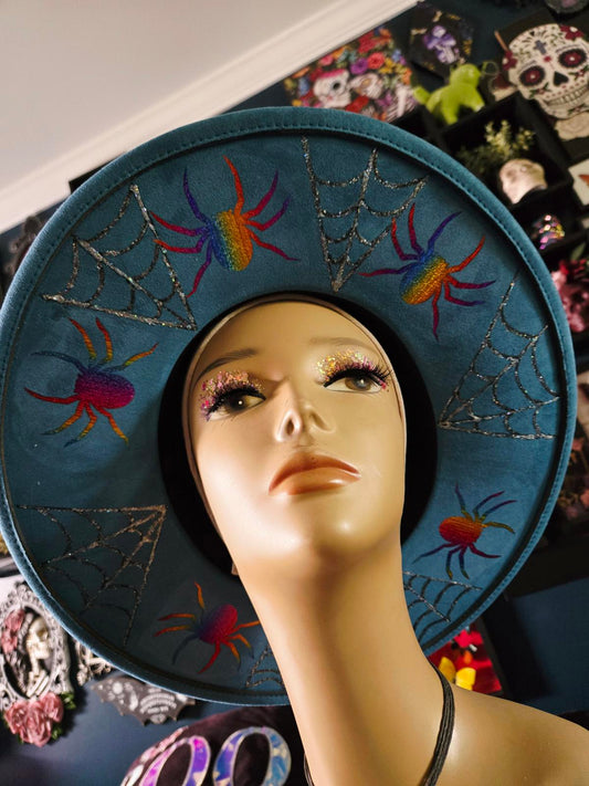Teal rainbow spider and web Hand designed wide brim hat