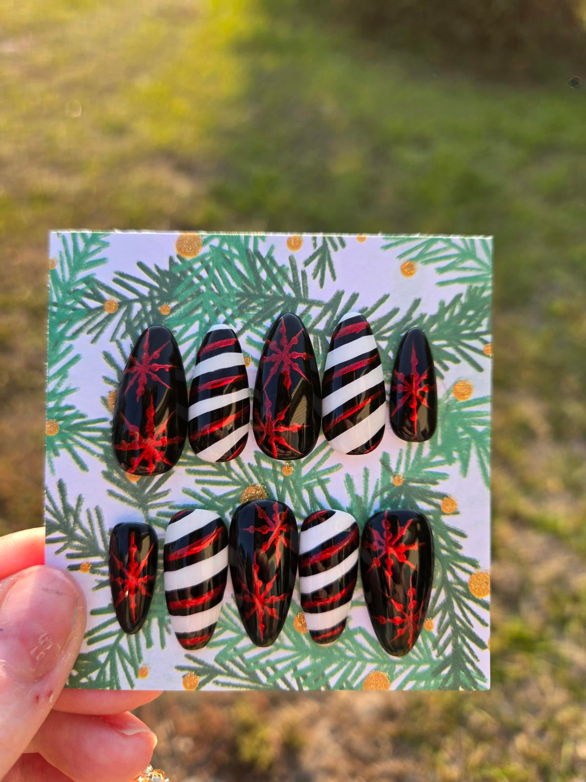 Black white and red Christmas chrome snowflake nails custom made