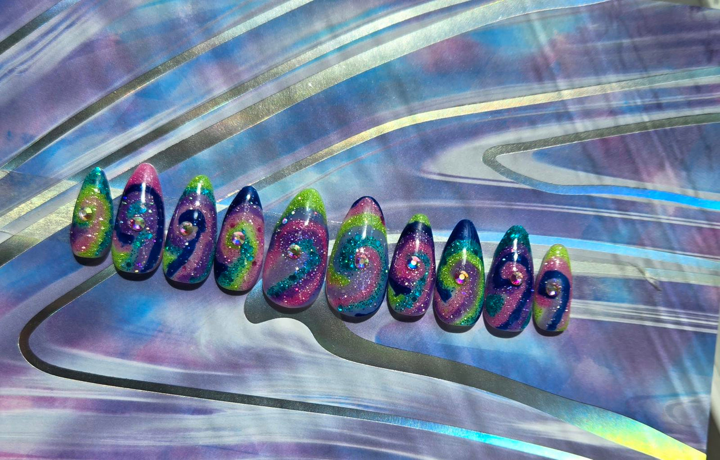 Glitter trippy galaxy nails custom made
