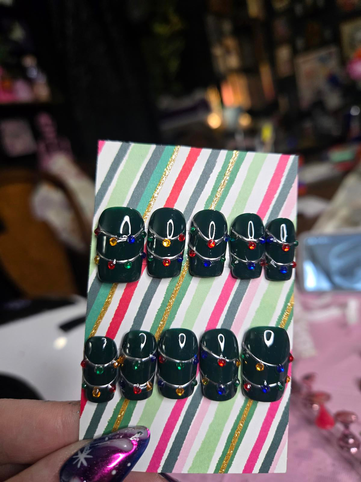 Dark green square christmas lights nails custom made