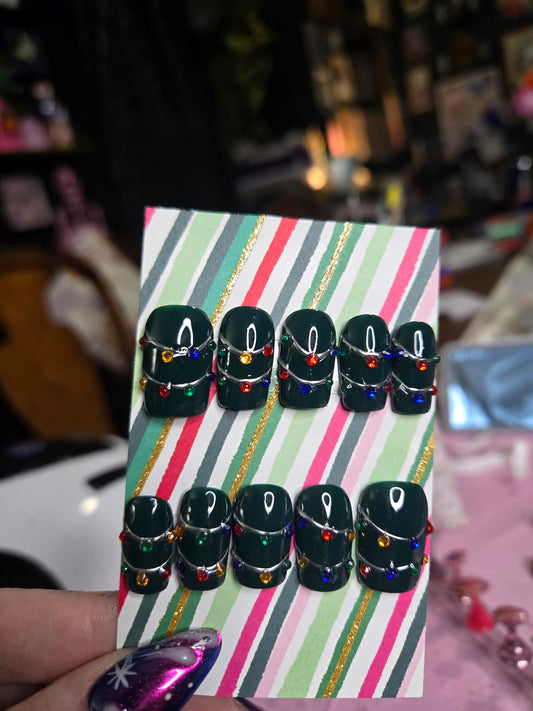 Dark green square christmas lights nails custom made