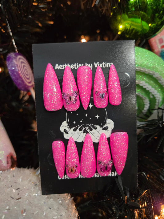 Pink glittery press on nails custom made