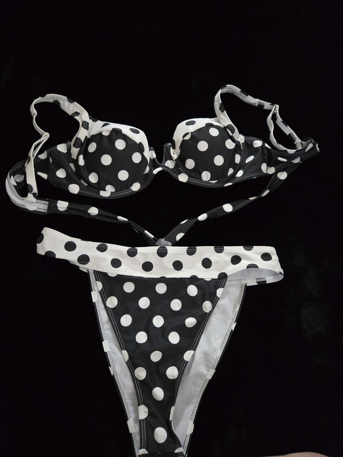 3 piece polka dot bikini and cover up skirt swimsuit set