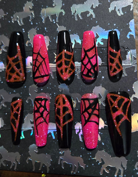 Halloween black and pink spiderweb glitter press on nails custom made