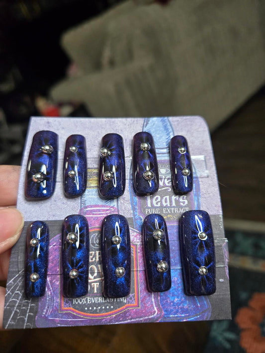 Blue cat eye floral burst nails custom made