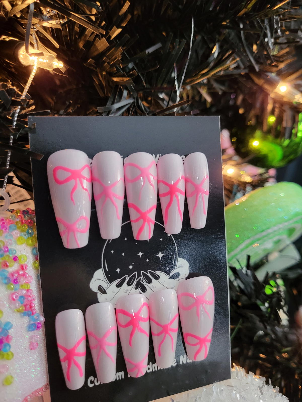 Cute white and pink bows press on nails custom made