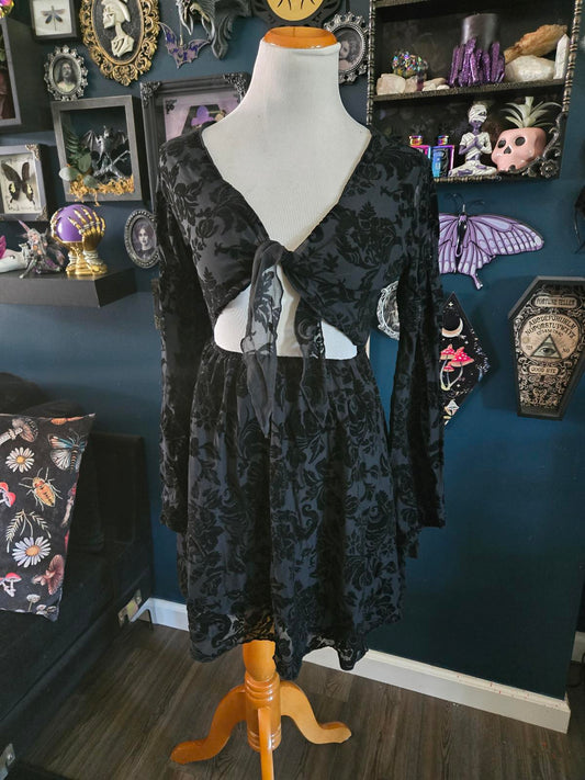 Black gothic whimsygoth tie front flocked dress