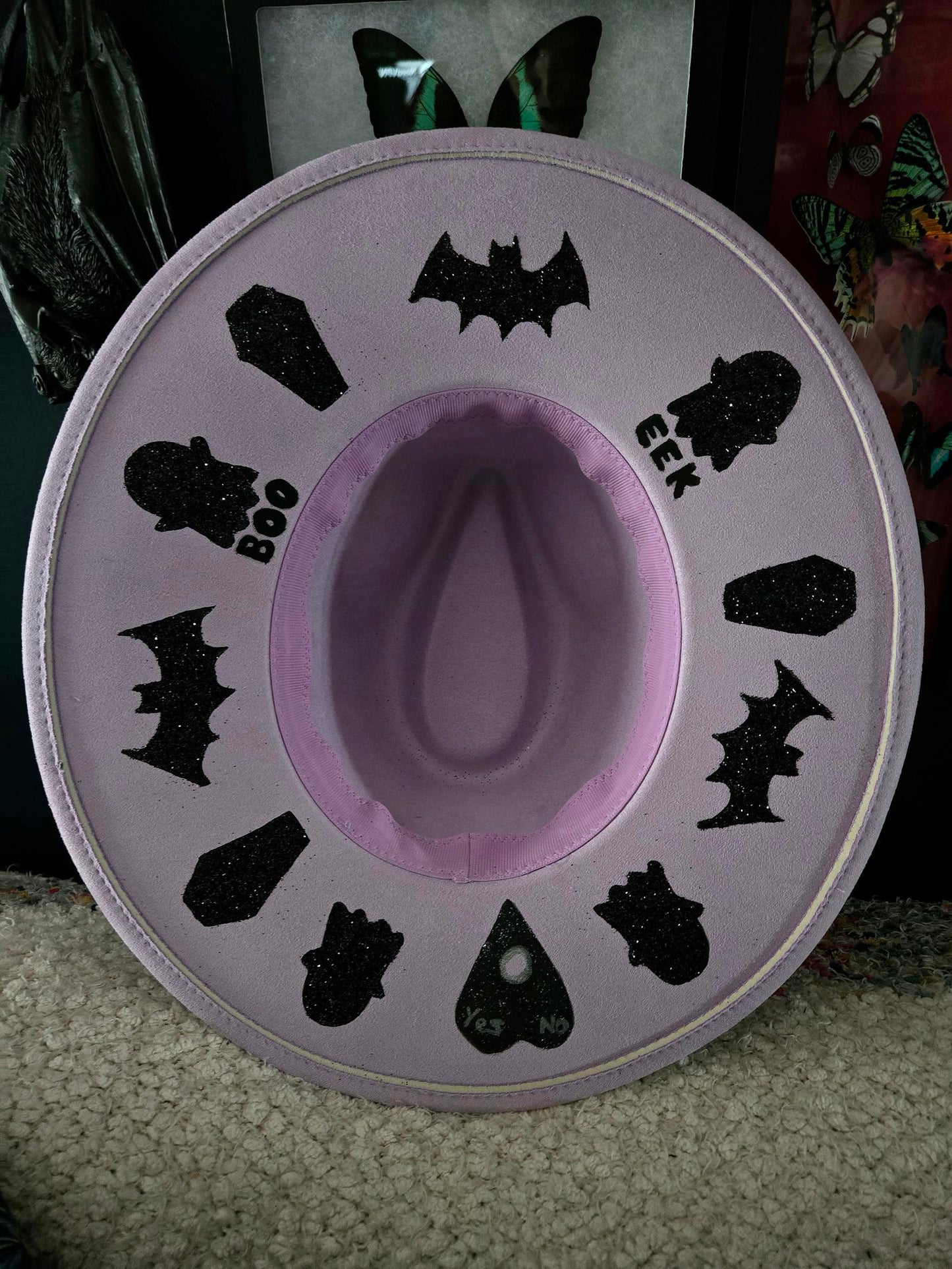 Lavender pastel goth hand painted witchy wide brim hat