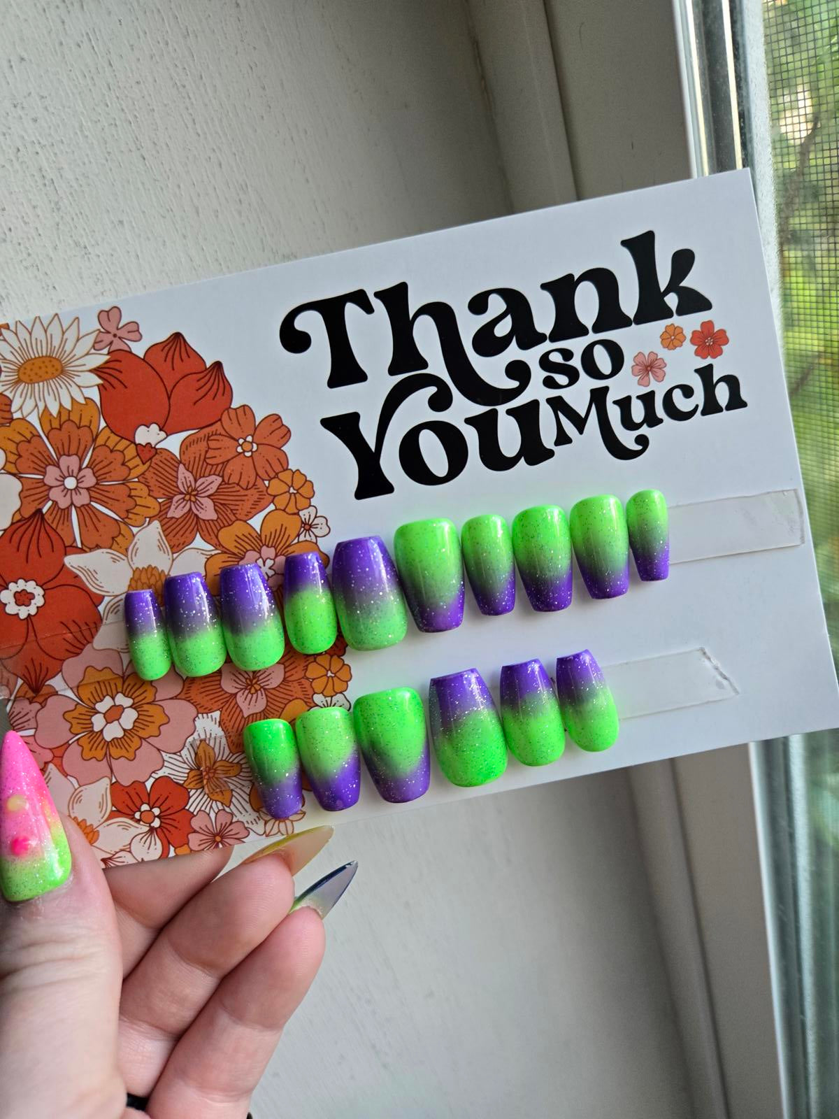 Purple to green ombre nails custom made