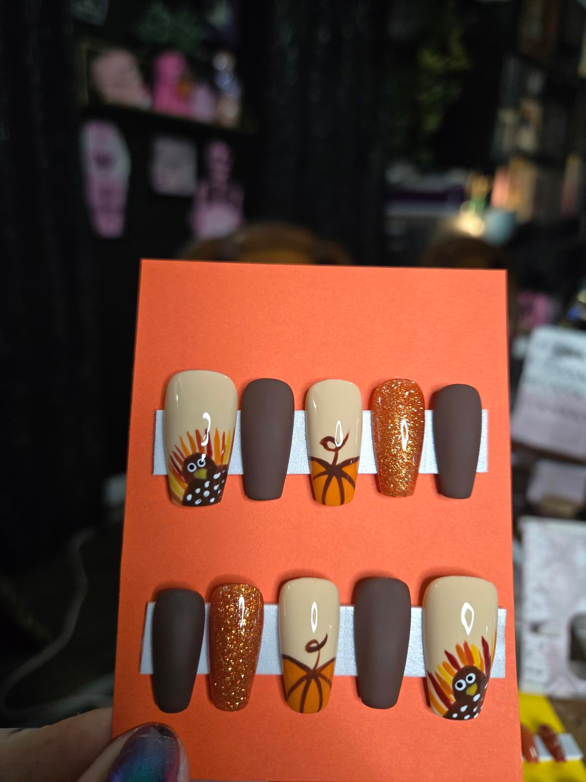 Turkey pumpkin fall thanksgiving matte nails custom made