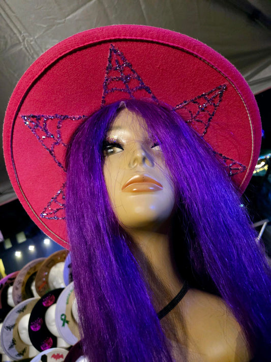 Hot pink Wide brim hat with painted spiderwebs