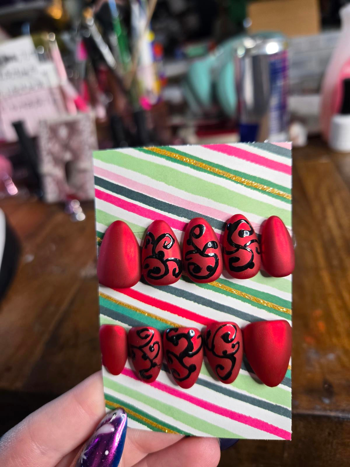 Red matte chrome black design nails custom made