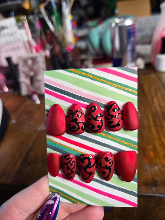 Red matte chrome black design nails custom made