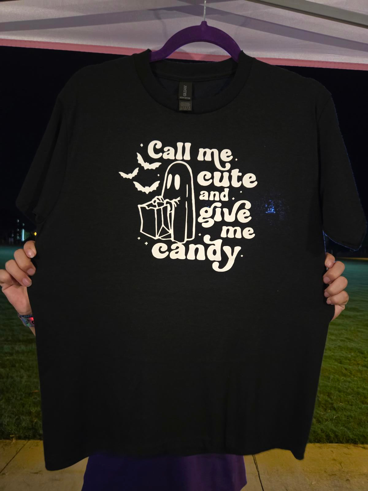 Call me cute and give me candy halloween medium kids t shirt