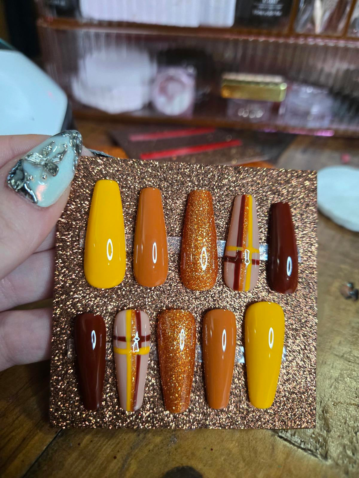Fall plaid and glitter press on nails custom made