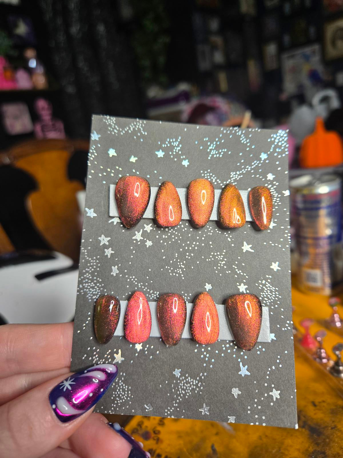 Red gold cat eye press on nails custom made