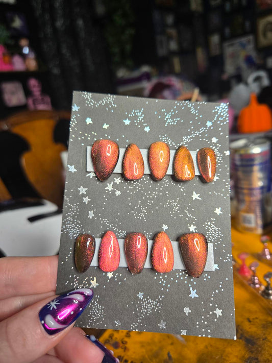Red gold cat eye press on nails custom made