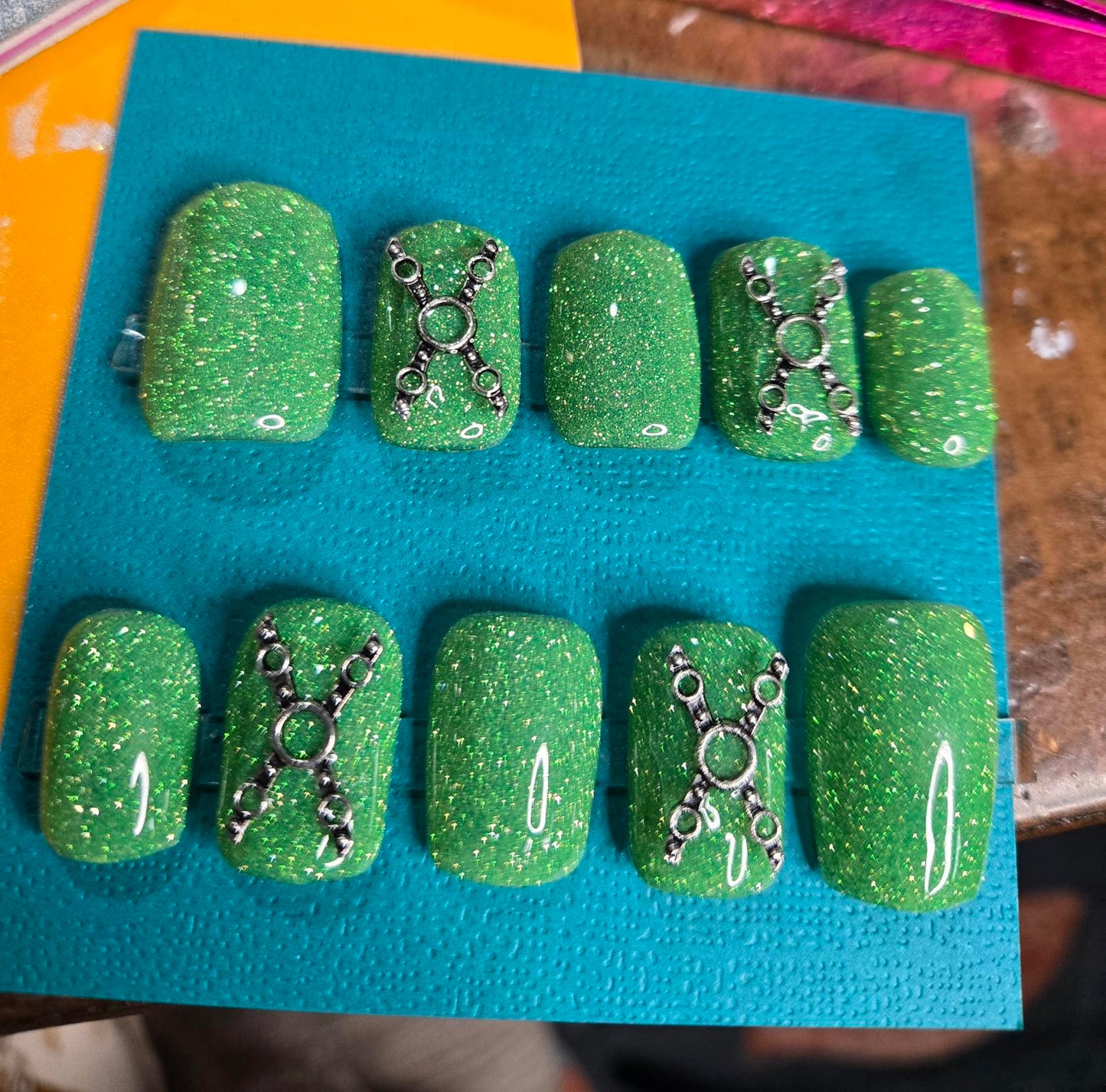 Green reflective glitter bondage nails custom made