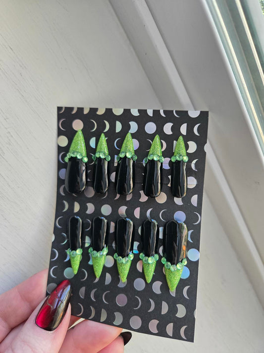 Black and glitter green french tip rhinestone press on nails custom made