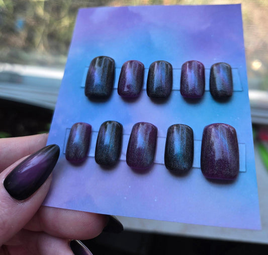 Galaxy cats eye short square press on nails custom made