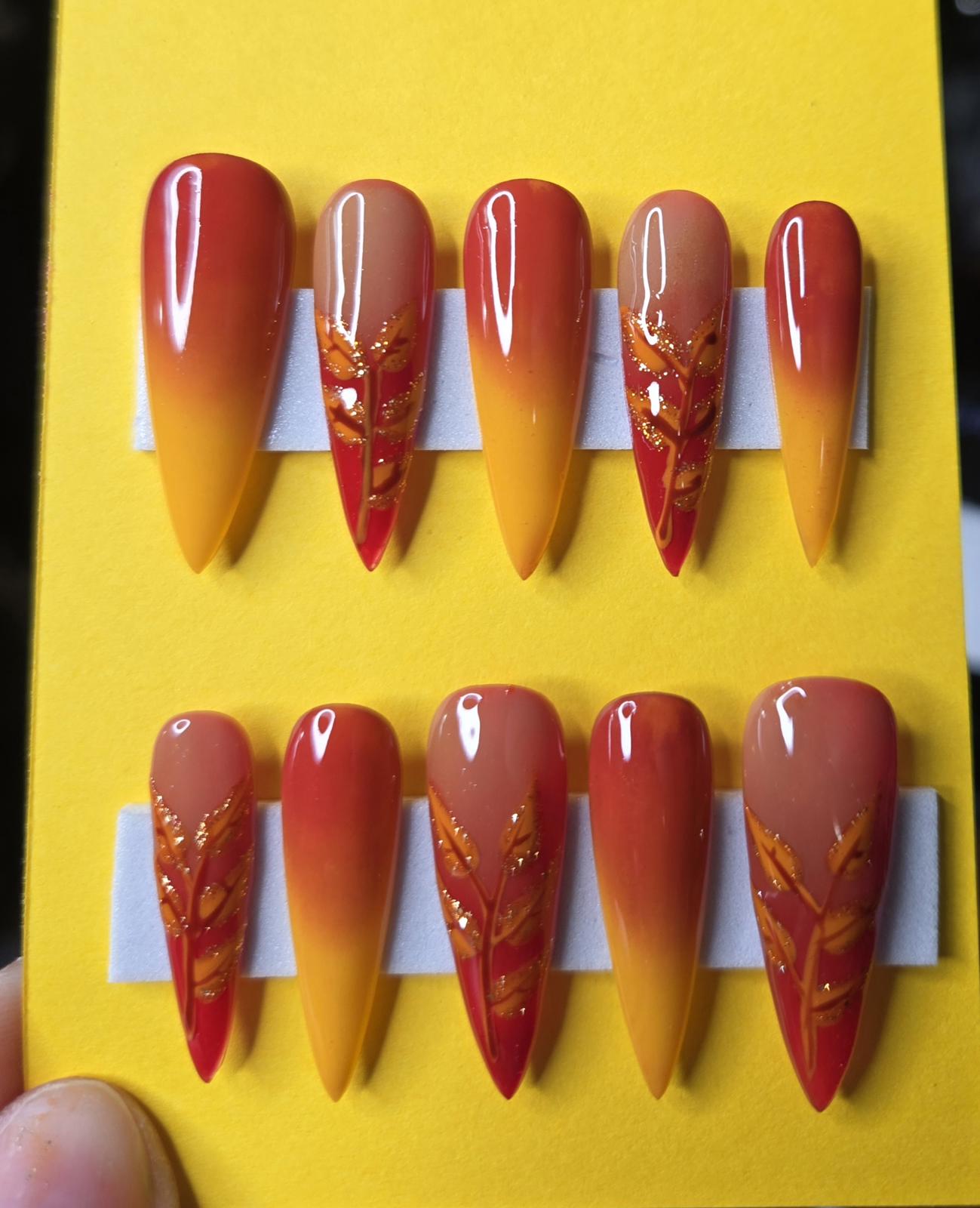 Fall ombre leaves press on nails custom made