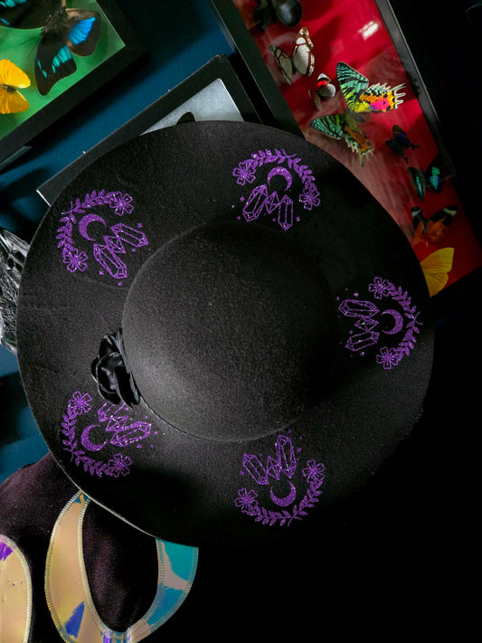 Witchy crystals Hand designed wide brim hat