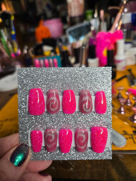 Pink super glittery swirly cat eye nails handmade press ons