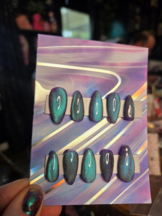 blue purple shift cat eye handmade nails