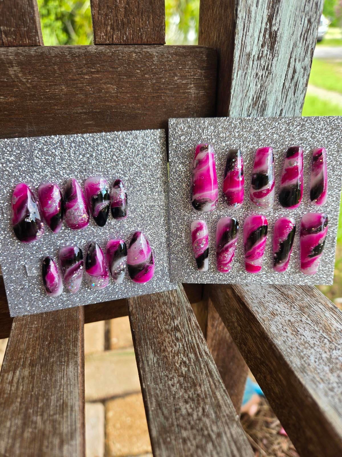 Pink black and white marble nails custom made