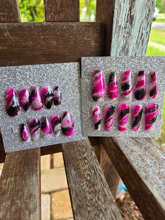 Pink black and white marble nails custom made