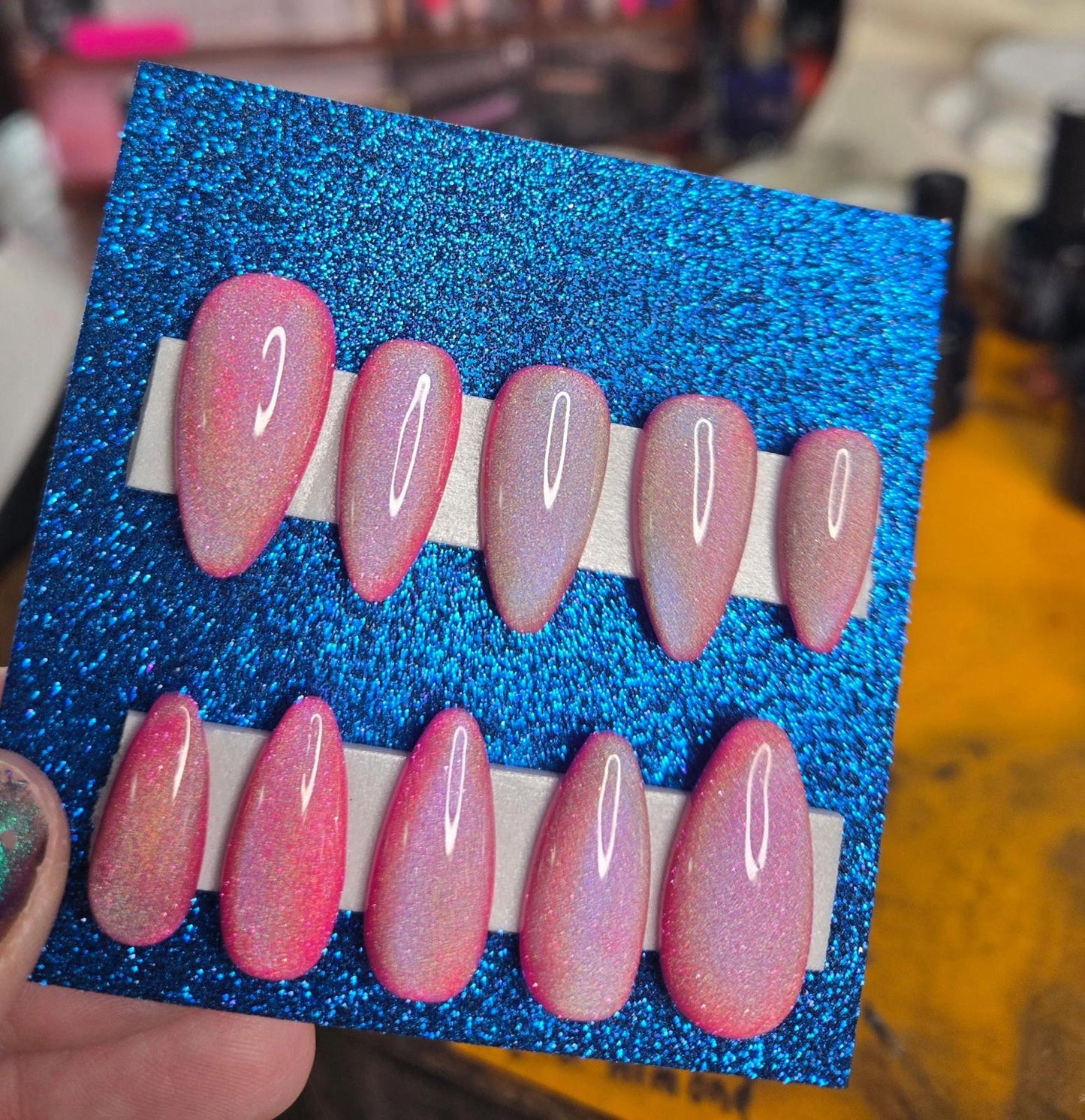 Pink holographic cat eye handmade nails press ons