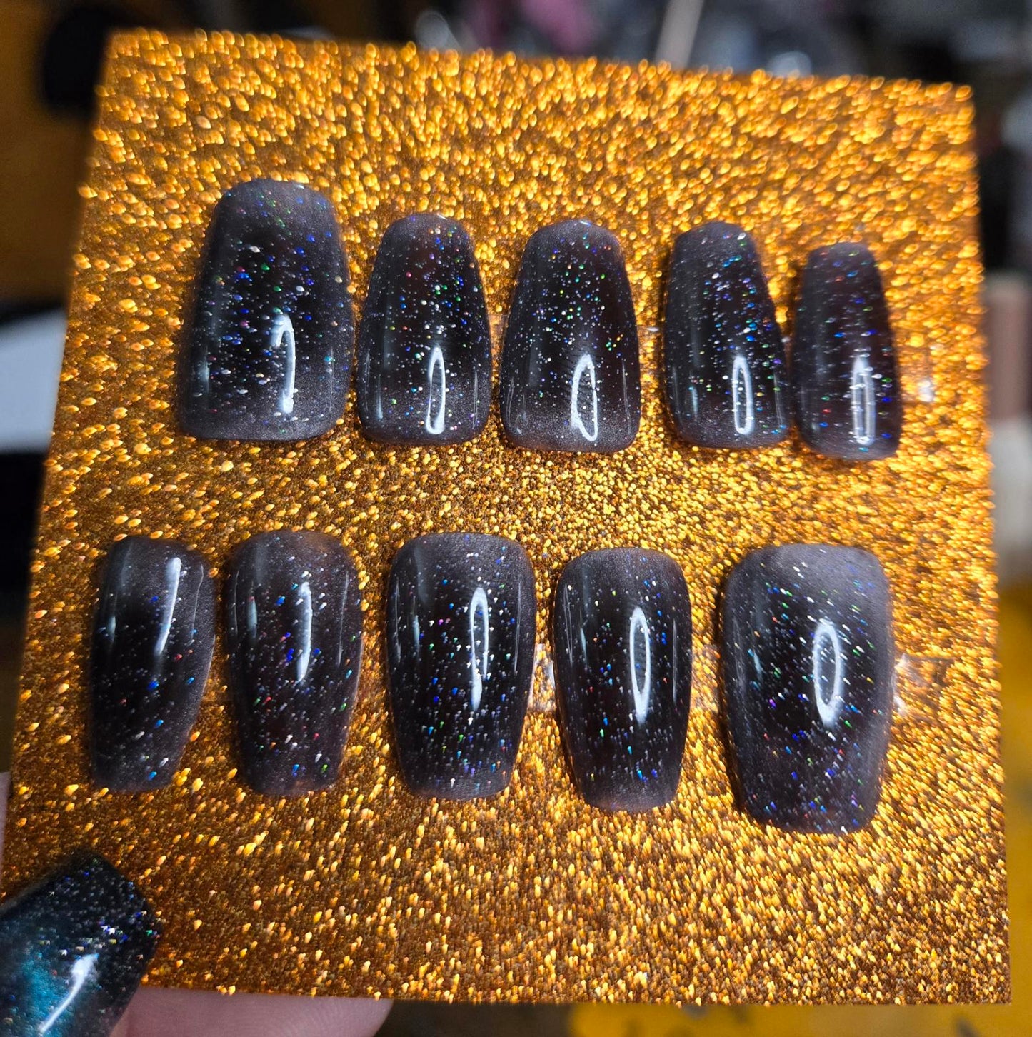 black and silver cat eye glitter press on nails custom made