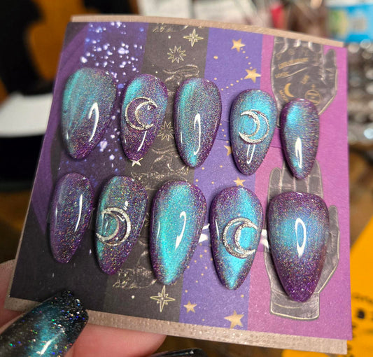 Witchy blue purple cat eye almond nails custom made