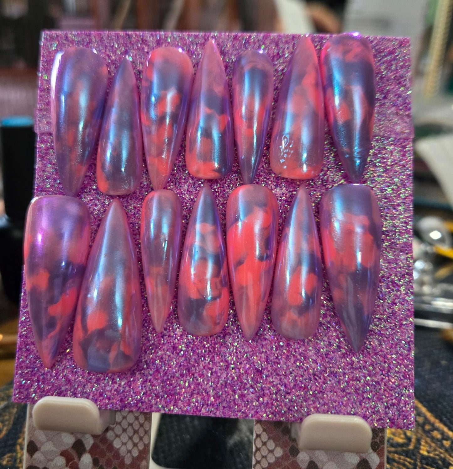 Marble pink and purple chrome nails custom made