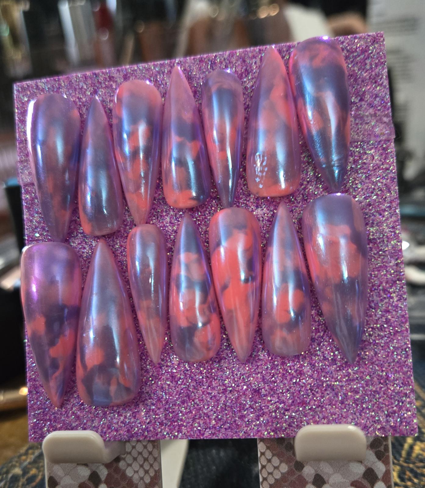 Marble pink and purple chrome nails custom made