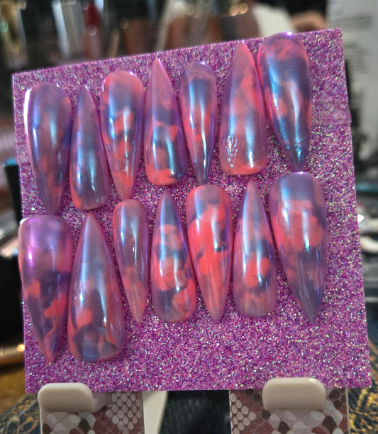 Marble pink and purple chrome nails custom made