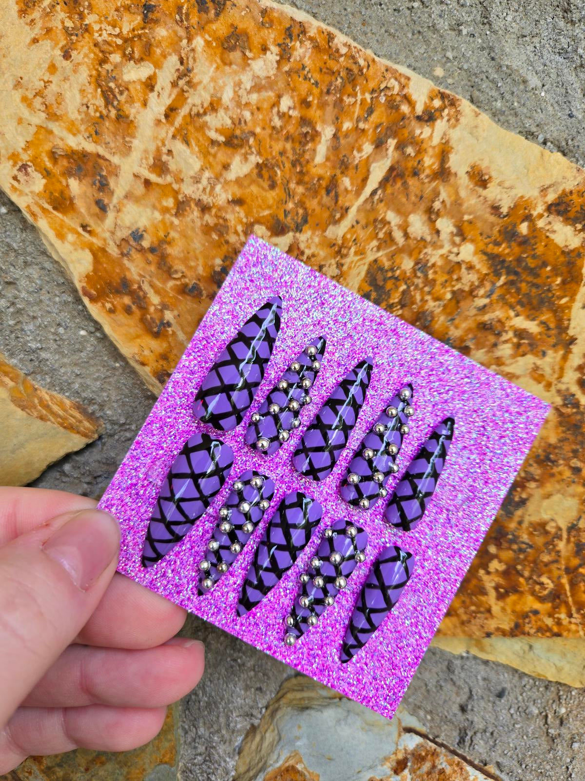 Purple and black lace up punk nails custom made