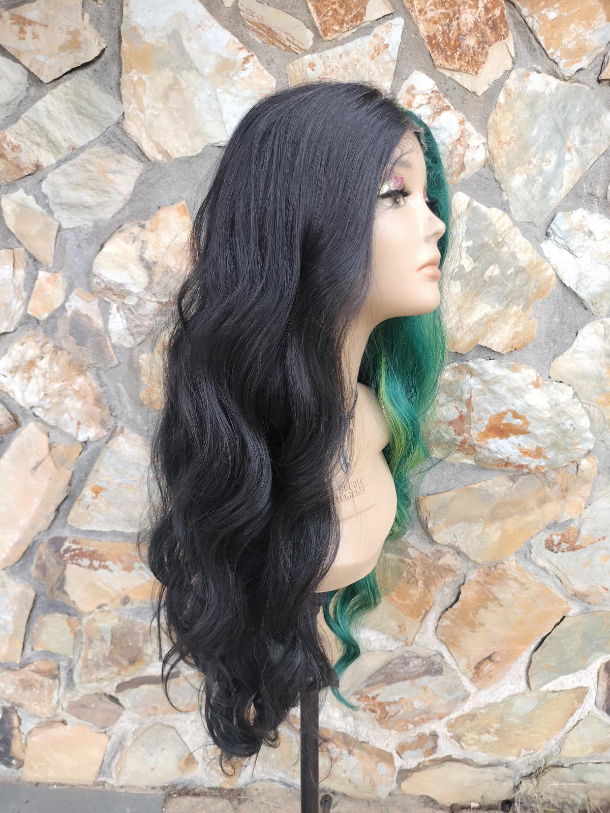 Split color green and black long wavy lace front wig