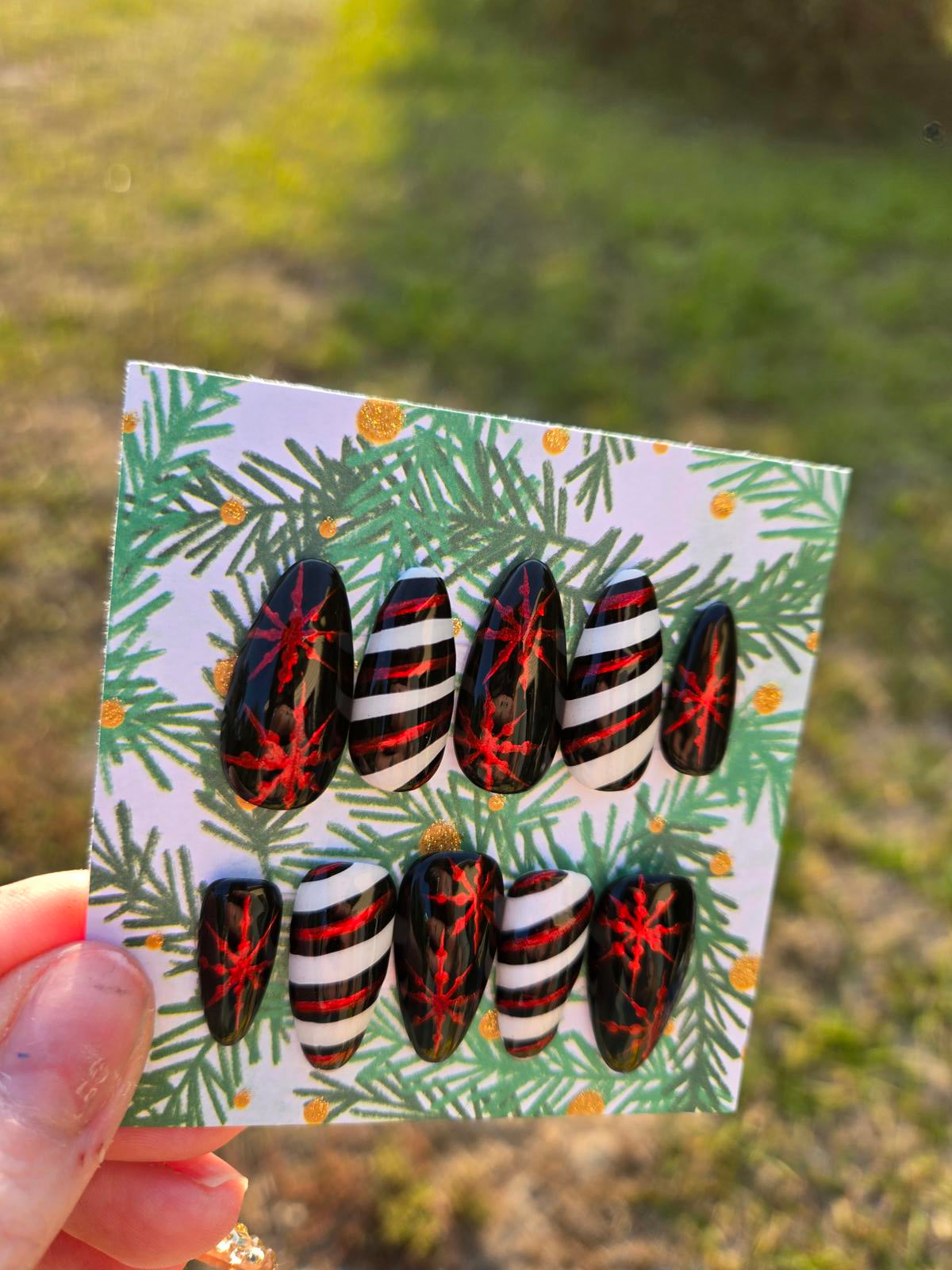 Black white and red Christmas chrome snowflake nails custom made