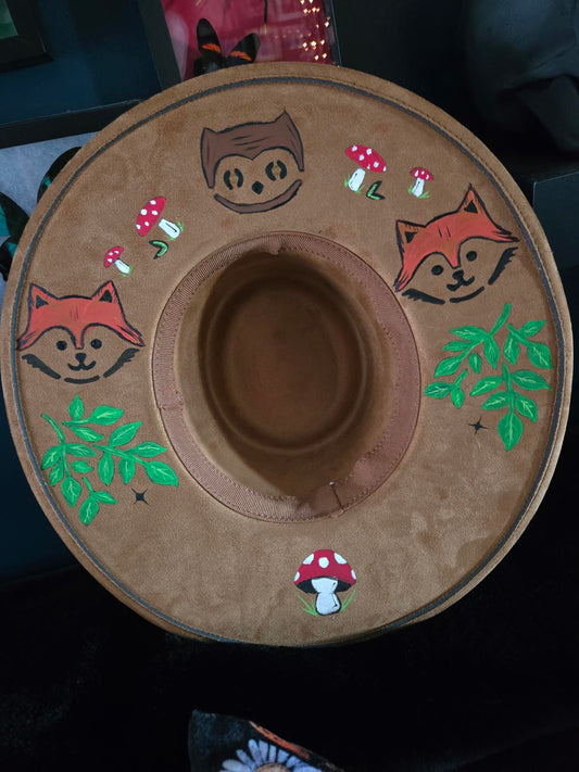Fox owl and mushroom Hand designed wide brim hat