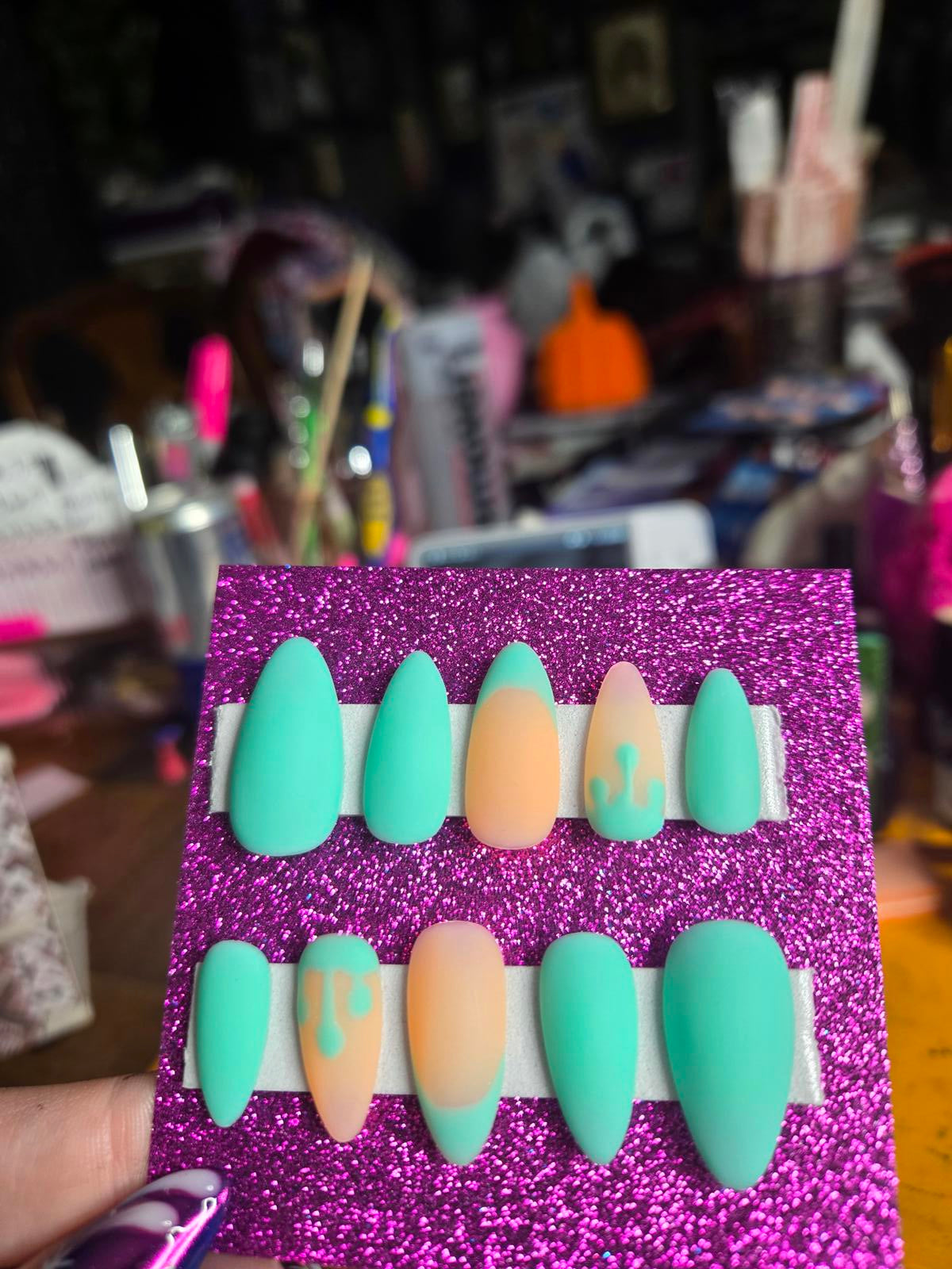 Matte turquoise drippy press on nails custom made