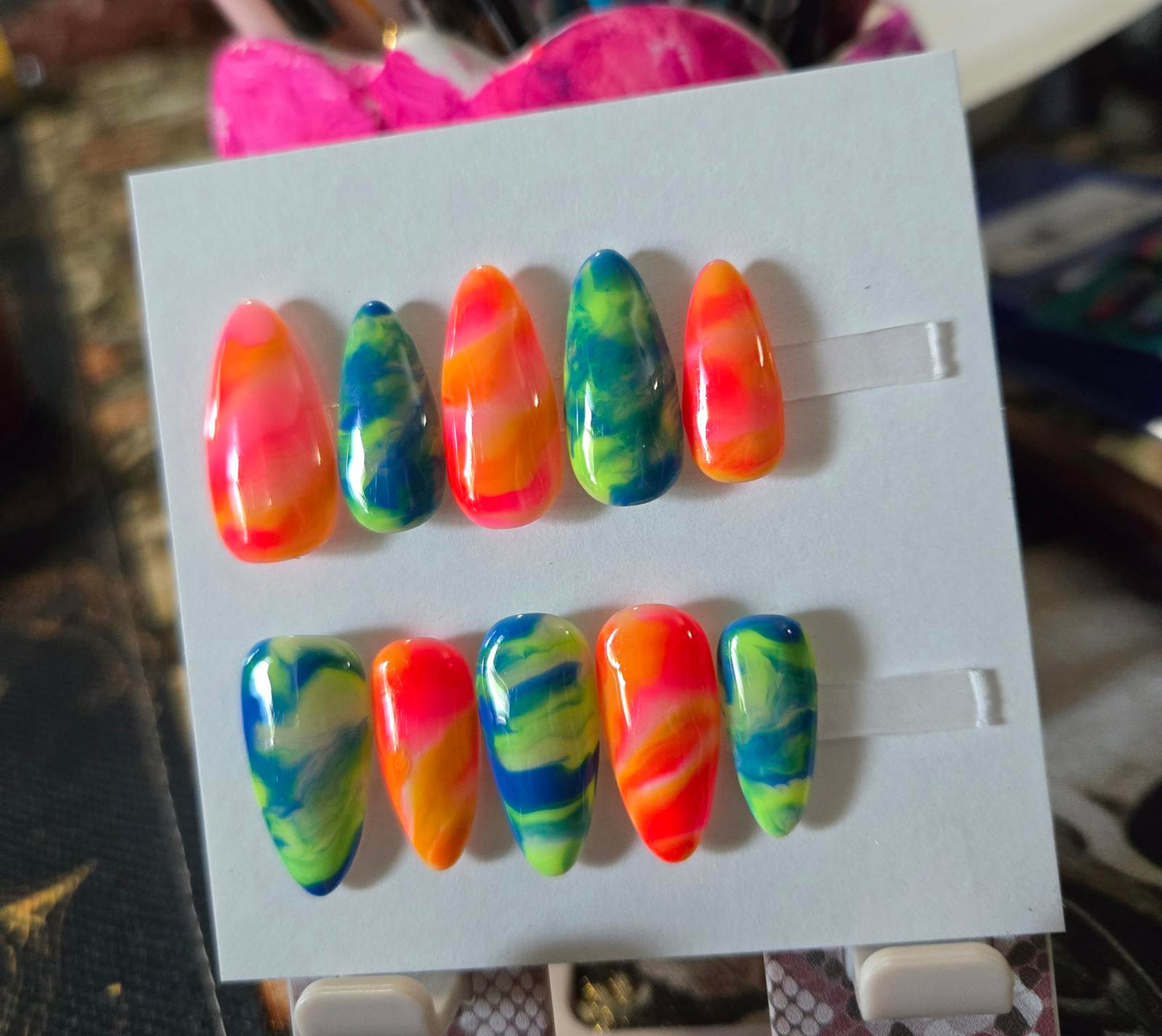 Neon marble almond nails custom made