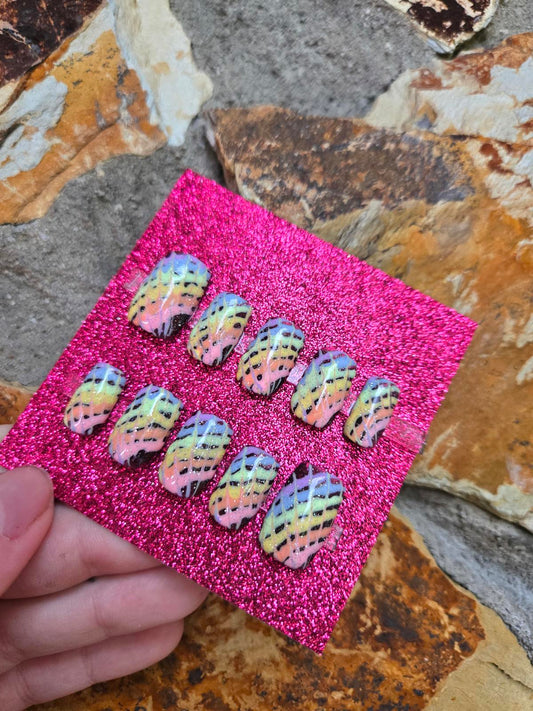 Short square pastel tie dye rainbow nails custom made