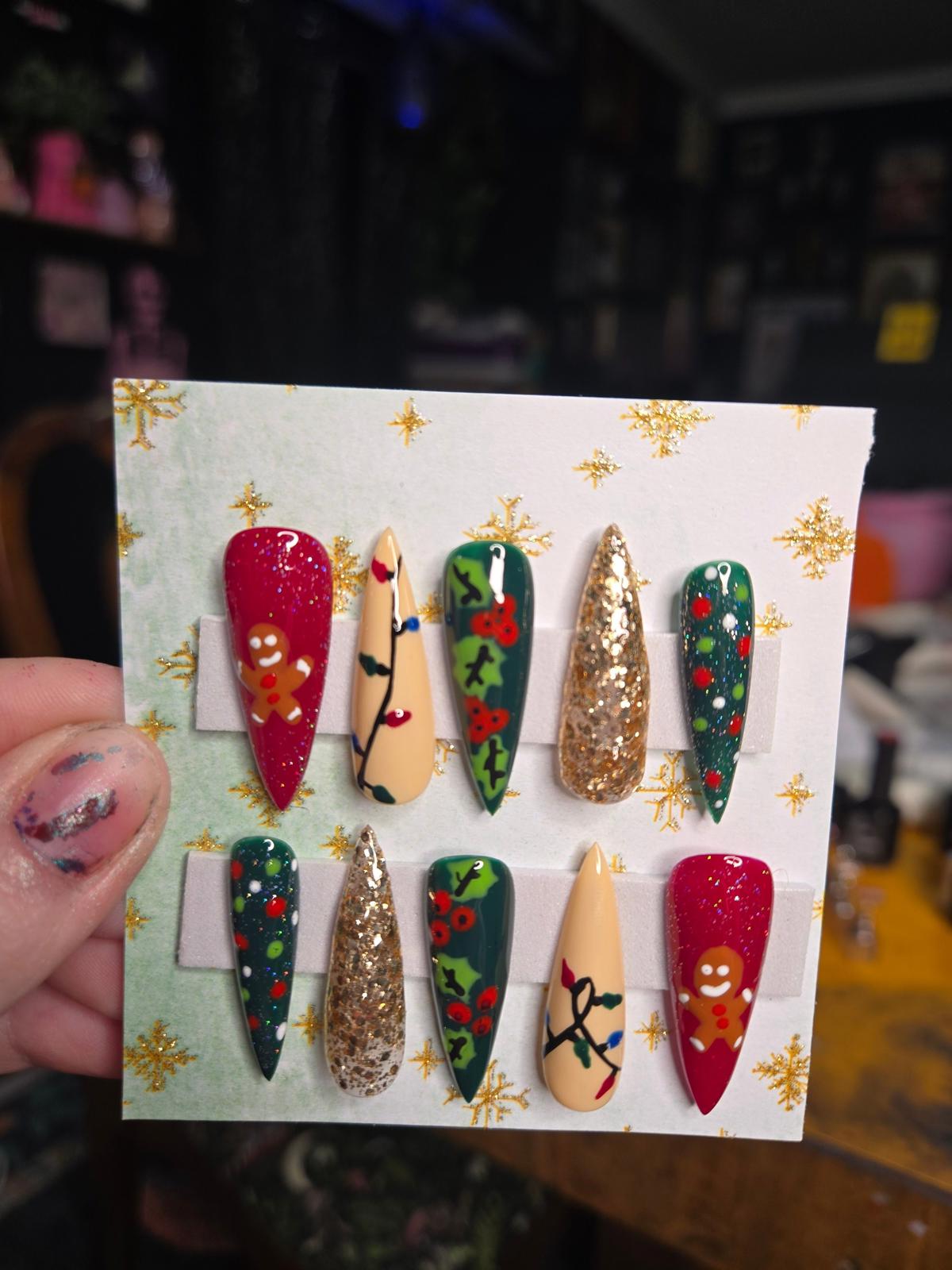 gingerbread lights Christmas handmade press on nails